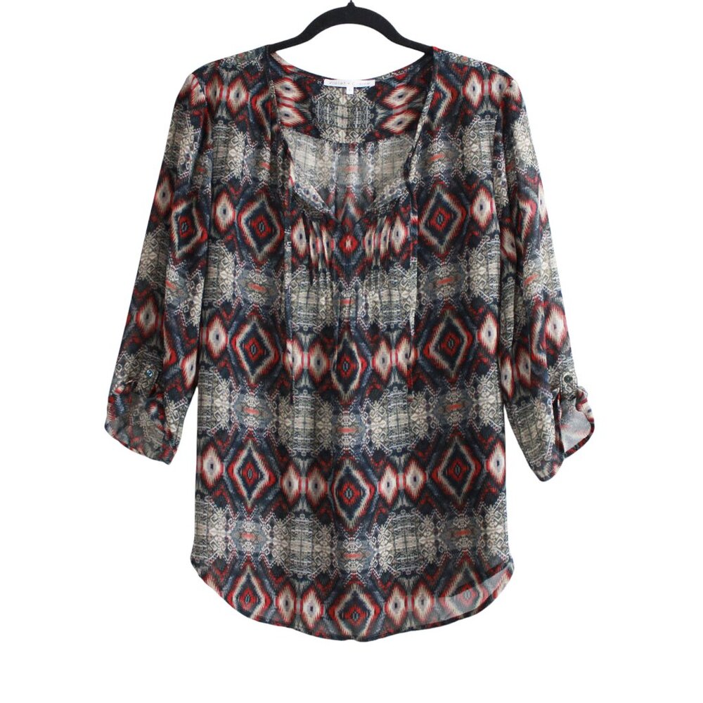 Aztec Pattern Tab Sleeve Blouse